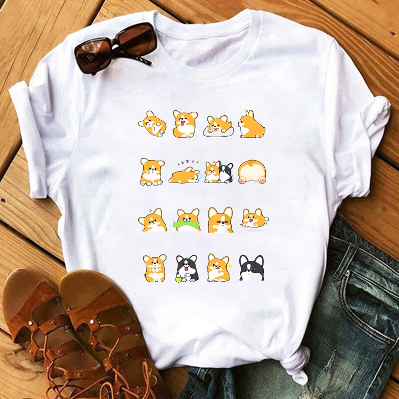 FIXSYS Kawaii Corgi Print T Shirt Women Harajuku 90s Ullzang Fashion T-shirt Graphic Cute Cartoon Tshirt Korean Tops