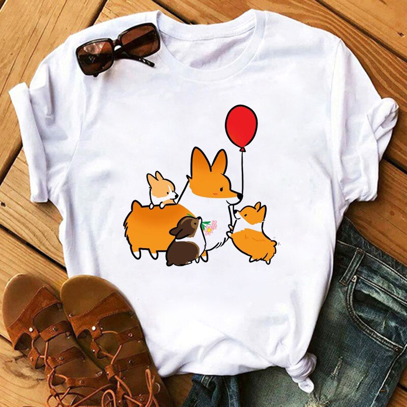 FIXSYS Kawaii Corgi Print T Shirt Women Harajuku 90s Ullzang Fashion T-shirt Graphic Cute Cartoon Tshirt Korean Tops