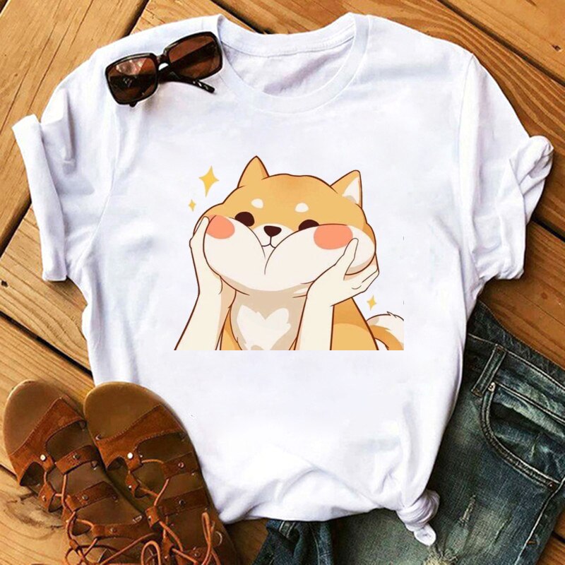 FIXSYS Kawaii Corgi Print T Shirt Women Harajuku 90s Ullzang Fashion T-shirt Graphic Cute Cartoon Tshirt Korean Tops