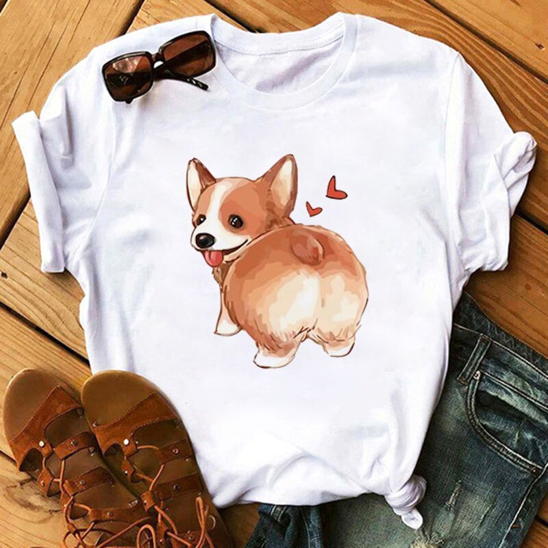 FIXSYS Kawaii Corgi Print T Shirt Women Harajuku 90s Ullzang Fashion T-shirt Graphic Cute Cartoon Tshirt Korean Tops