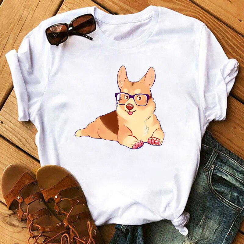 FIXSYS Kawaii Corgi Print T Shirt Women Harajuku 90s Ullzang Fashion T-shirt Graphic Cute Cartoon Tshirt Korean Tops