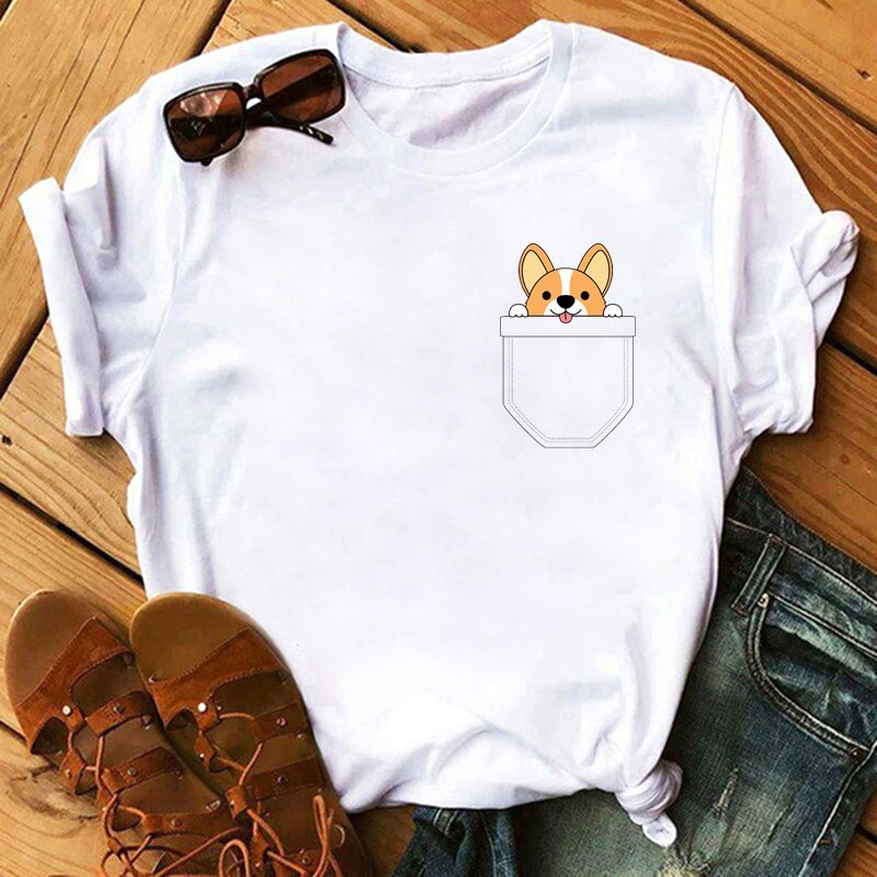 FIXSYS Kawaii Corgi Print T Shirt Women Harajuku 90s Ullzang Fashion T-shirt Graphic Cute Cartoon Tshirt Korean Tops