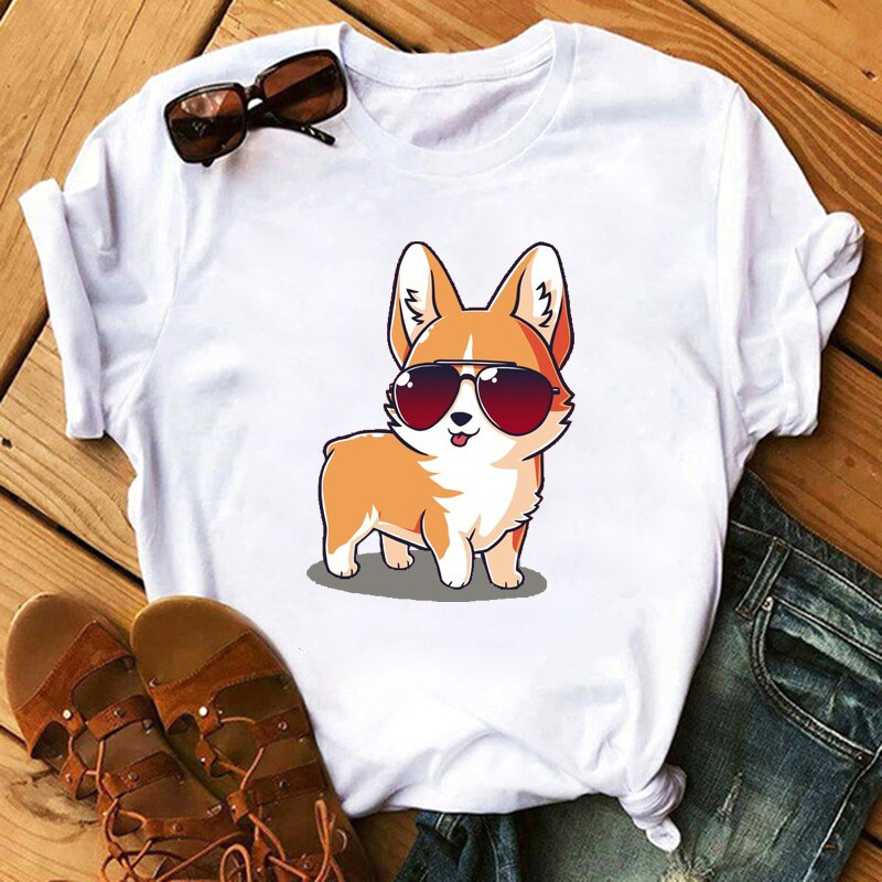 FIXSYS Kawaii Corgi Print T Shirt Women Harajuku 90s Ullzang Fashion T-shirt Graphic Cute Cartoon Tshirt Korean Tops