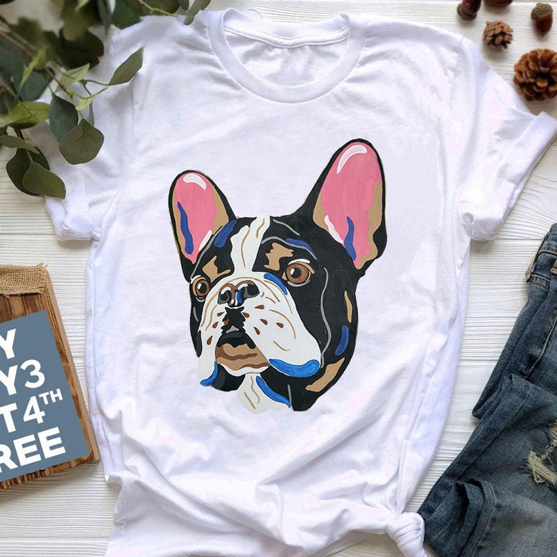 New Summer French Bulldog Printed T shirt Women Cute Cartoon T shirt Pit Bull Tshirt Top Female Frances German Shepherd T shirt_