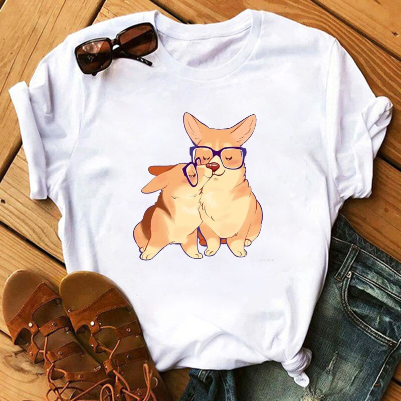 FIXSYS Kawaii Corgi Print T Shirt Women Harajuku 90s Ullzang Fashion T-shirt Graphic Cute Cartoon Tshirt Korean Tops