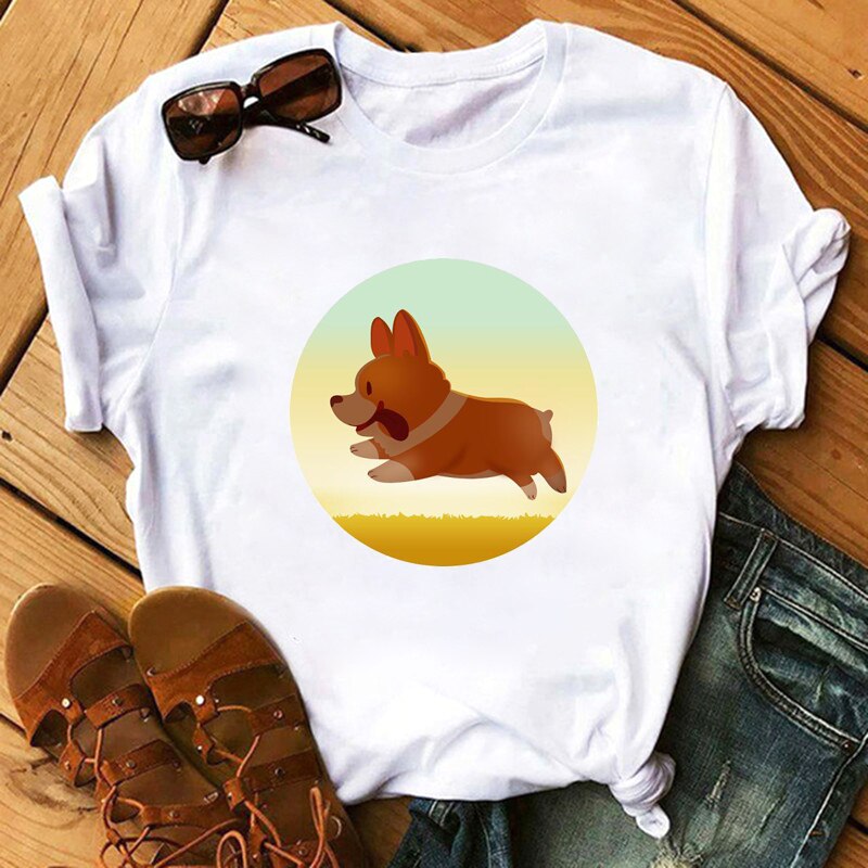 FIXSYS Kawaii Corgi Print T Shirt Women Harajuku 90s Ullzang Fashion T-shirt Graphic Cute Cartoon Tshirt Korean Tops