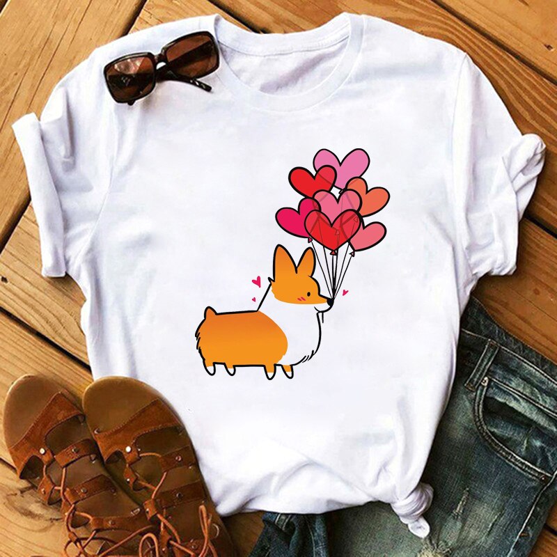 FIXSYS Kawaii Corgi Print T Shirt Women Harajuku 90s Ullzang Fashion T-shirt Graphic Cute Cartoon Tshirt Korean Tops