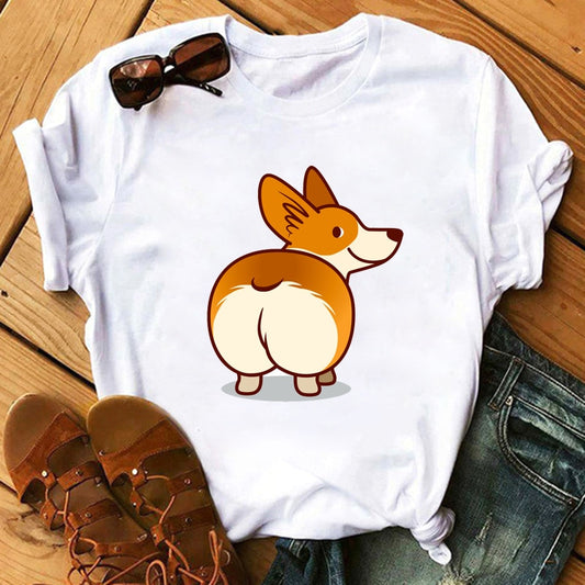 FIXSYS Kawaii Corgi Print T Shirt Women Harajuku 90s Ullzang Fashion T-shirt Graphic Cute Cartoon Tshirt Korean Tops