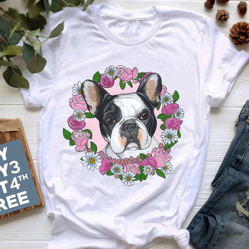 New Summer French Bulldog Printed T shirt Women Cute Cartoon T shirt Pit Bull Tshirt Top Female Frances German Shepherd T shirt_