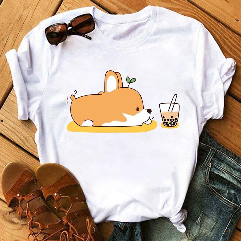 FIXSYS Kawaii Corgi Print T Shirt Women Harajuku 90s Ullzang Fashion T-shirt Graphic Cute Cartoon Tshirt Korean Tops