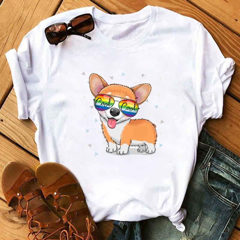 FIXSYS Kawaii Corgi Print T Shirt Women Harajuku 90s Ullzang Fashion T-shirt Graphic Cute Cartoon Tshirt Korean Tops