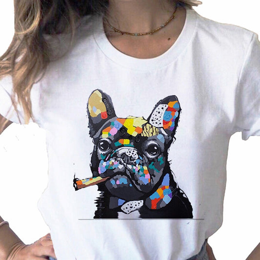 New Summer French Bulldog Printed T shirt Women Cute Cartoon T shirt Pit Bull Tshirt Top Female Frances German Shepherd T shirt_