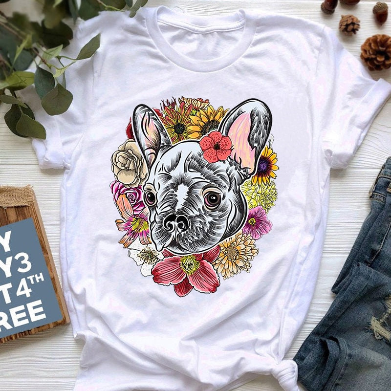 New Summer French Bulldog Printed T shirt Women Cute Cartoon T shirt Pit Bull Tshirt Top Female Frances German Shepherd T shirt_