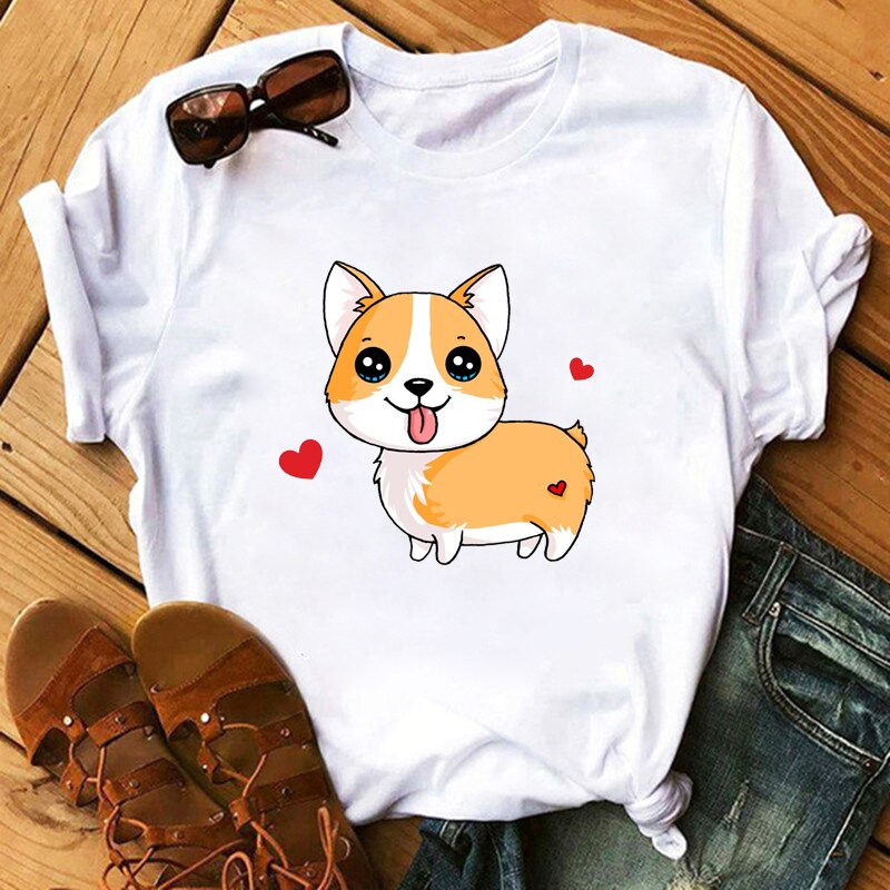 FIXSYS Kawaii Corgi Print T Shirt Women Harajuku 90s Ullzang Fashion T-shirt Graphic Cute Cartoon Tshirt Korean Tops