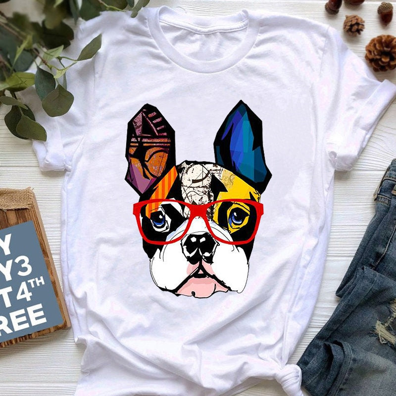 New Summer French Bulldog Printed T shirt Women Cute Cartoon T shirt Pit Bull Tshirt Top Female Frances German Shepherd T shirt_