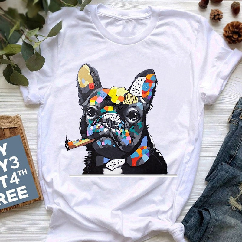 New Summer French Bulldog Printed T shirt Women Cute Cartoon T shirt Pit Bull Tshirt Top Female Frances German Shepherd T shirt_