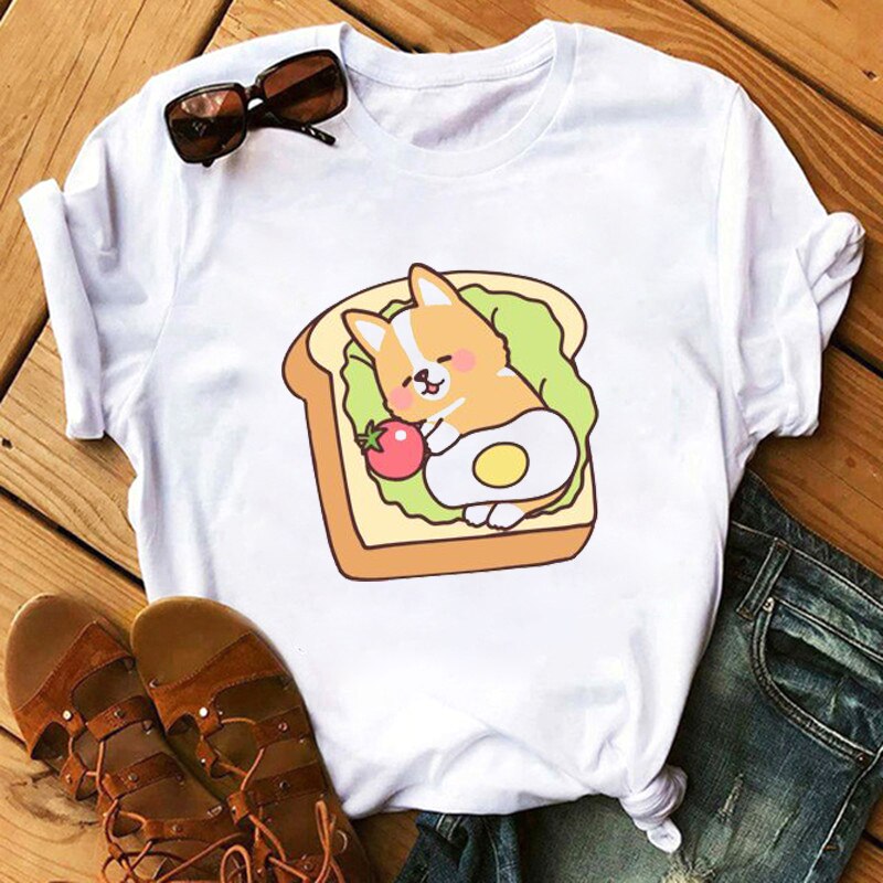 FIXSYS Kawaii Corgi Print T Shirt Women Harajuku 90s Ullzang Fashion T-shirt Graphic Cute Cartoon Tshirt Korean Tops