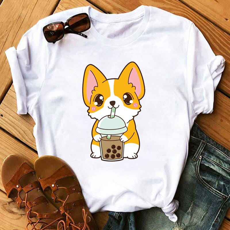 FIXSYS Kawaii Corgi Print T Shirt Women Harajuku 90s Ullzang Fashion T-shirt Graphic Cute Cartoon Tshirt Korean Tops