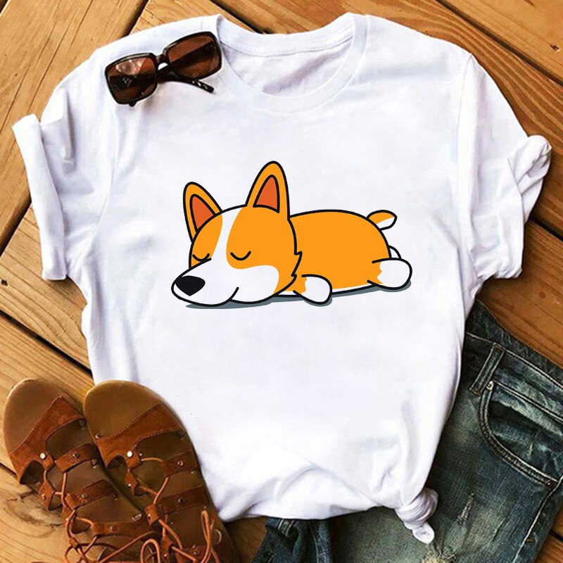 FIXSYS Kawaii Corgi Print T Shirt Women Harajuku 90s Ullzang Fashion T-shirt Graphic Cute Cartoon Tshirt Korean Tops