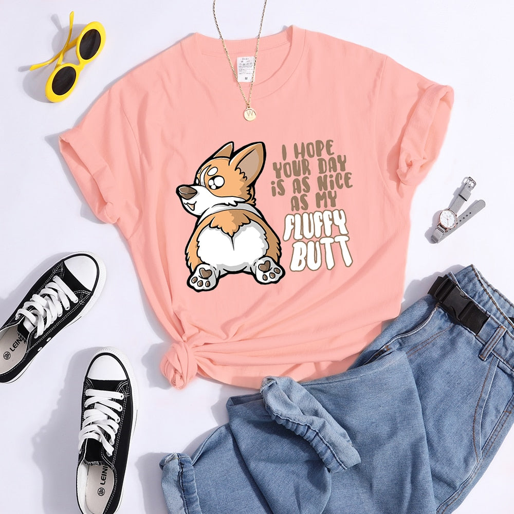 Fluffy Butt Kawaii Corgi Printed T Shirt Women'S Summer Cool Tshirts Breathable Casual Tee Clothing Street Creativity Crop Top