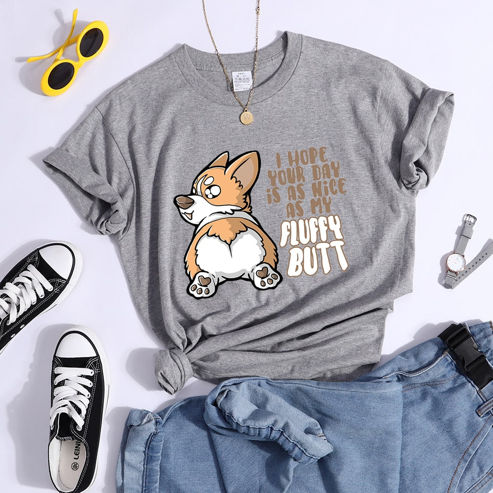 Fluffy Butt Kawaii Corgi Printed T Shirt Women'S Summer Cool Tshirts Breathable Casual Tee Clothing Street Creativity Crop Top