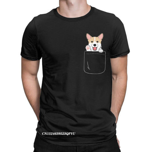 Corgi In Pocket T-Shirts Men Dog Animal Vintage Pure Cotton Tee Shirt Round Collar Harajuku Tshirt Printed Clothing