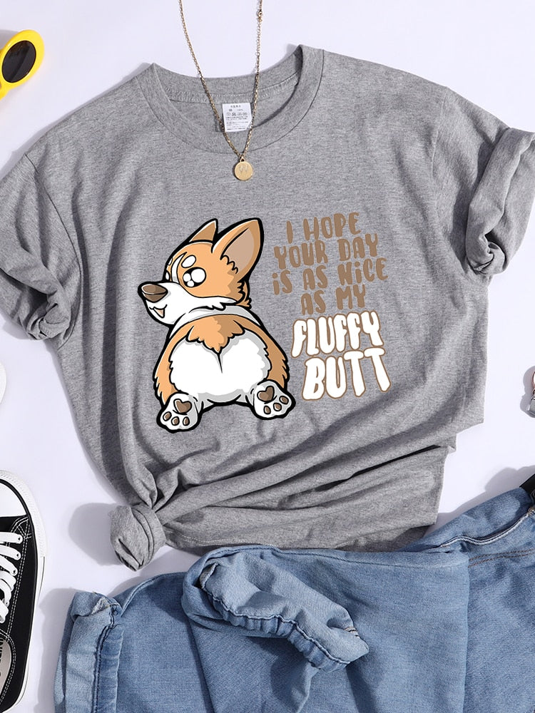 Fluffy Butt Kawaii Corgi Printed T Shirt Women'S Summer Cool Tshirts Breathable Casual Tee Clothing Street Creativity Crop Top