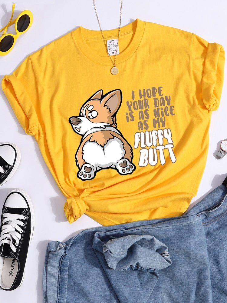 Fluffy Butt Kawaii Corgi Printed T Shirt Women'S Summer Cool Tshirts Breathable Casual Tee Clothing Street Creativity Crop Top