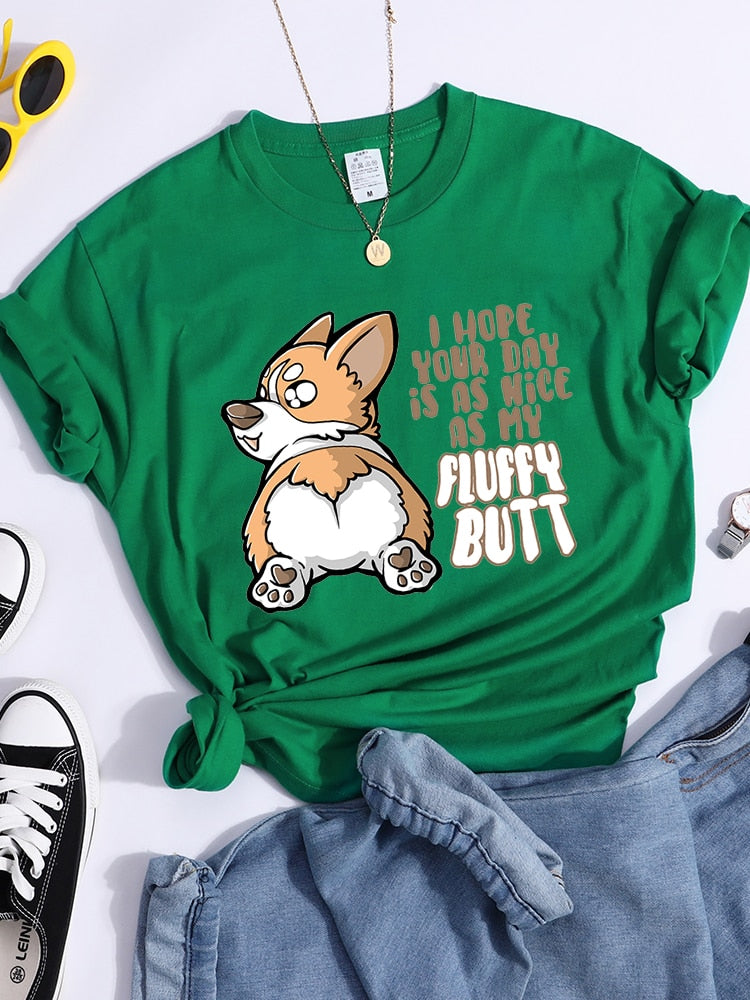 Fluffy Butt Kawaii Corgi Printed T Shirt Women'S Summer Cool Tshirts Breathable Casual Tee Clothing Street Creativity Crop Top