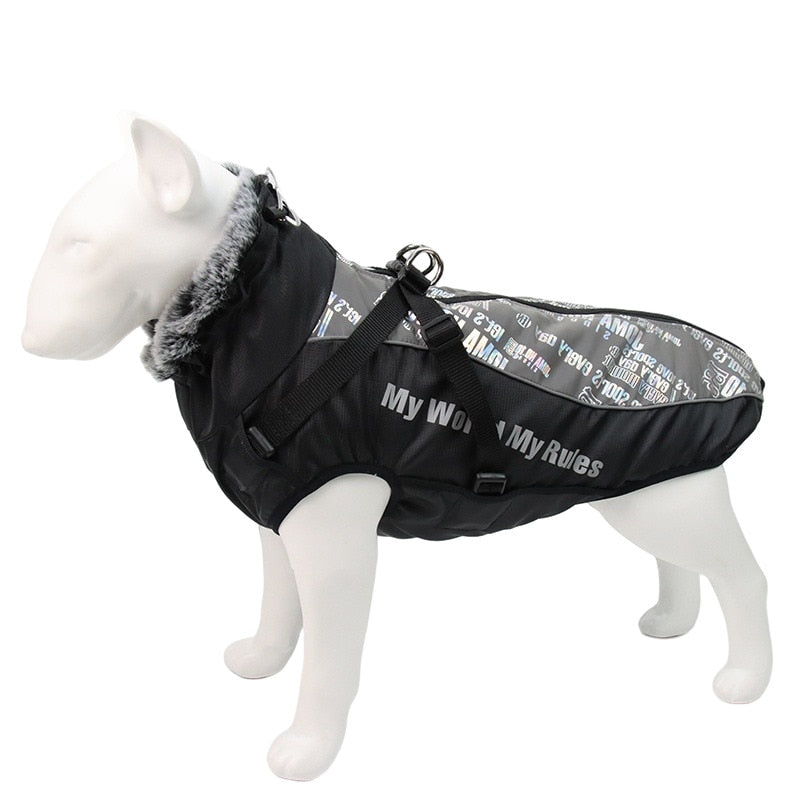 Waterproof Large Dog Clothes Winter Dog Coat With Harness Furry Collar Warm Pet Clothing Big Dog Jacket Labrador Bulldog Costume