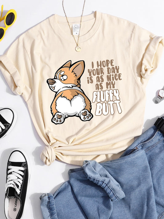 Fluffy Butt Kawaii Corgi Printed T Shirt Women'S Summer Cool Tshirts Breathable Casual Tee Clothing Street Creativity Crop Top