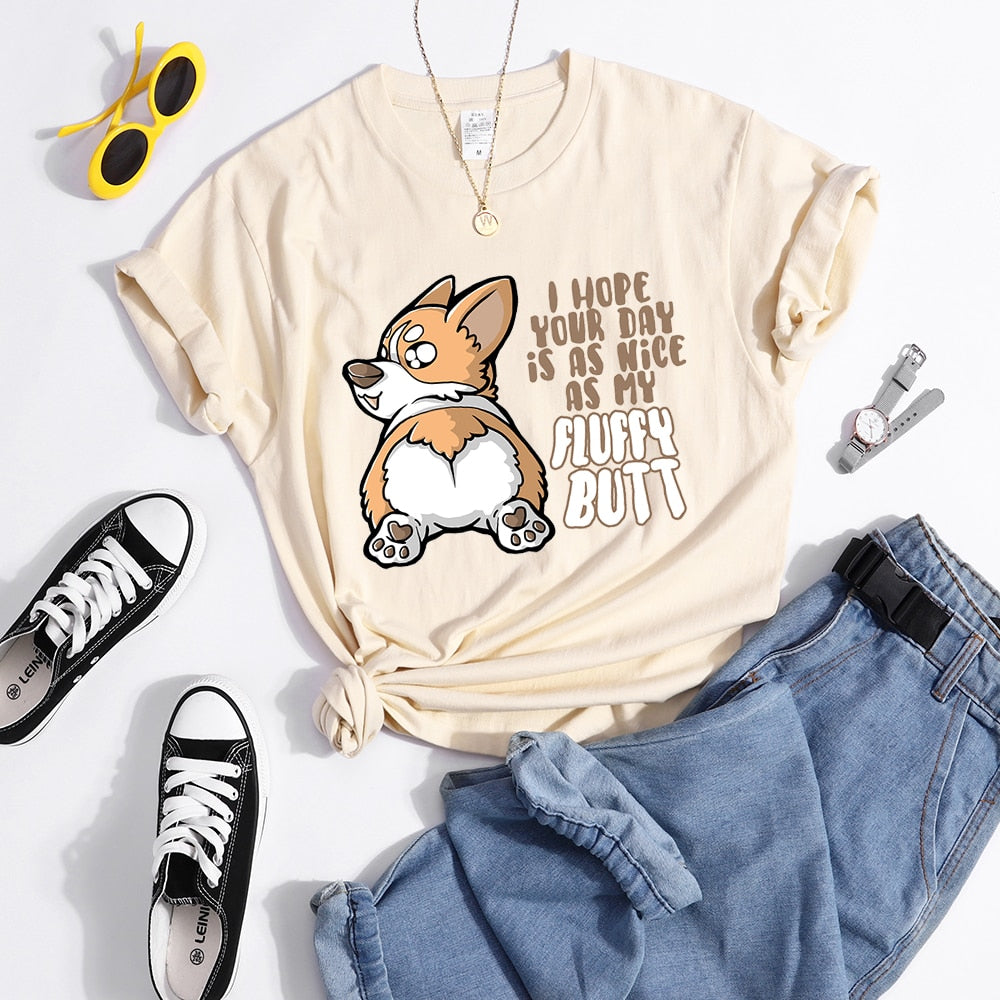 Fluffy Butt Kawaii Corgi Printed T Shirt Women'S Summer Cool Tshirts Breathable Casual Tee Clothing Street Creativity Crop Top