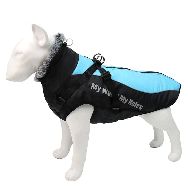 Waterproof Large Dog Clothes Winter Dog Coat With Harness Furry Collar Warm Pet Clothing Big Dog Jacket Labrador Bulldog Costume