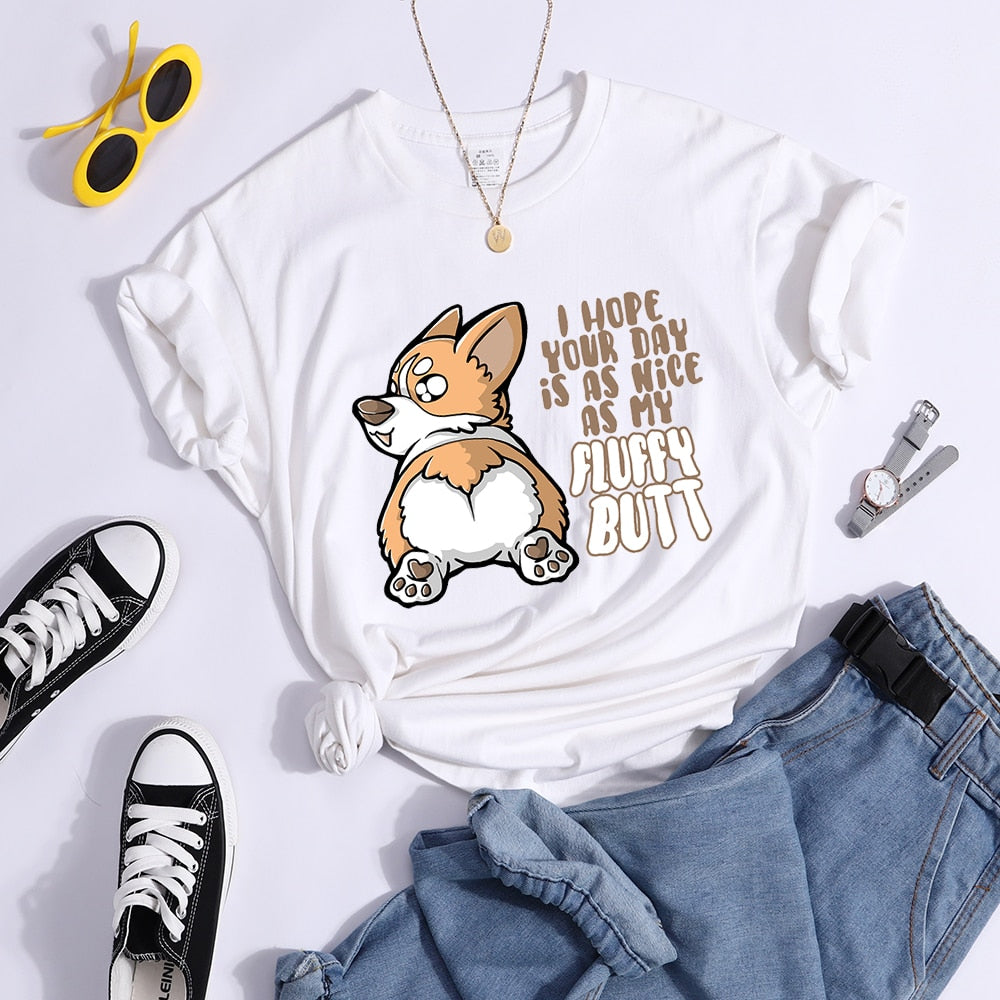 Fluffy Butt Kawaii Corgi Printed T Shirt Women'S Summer Cool Tshirts Breathable Casual Tee Clothing Street Creativity Crop Top