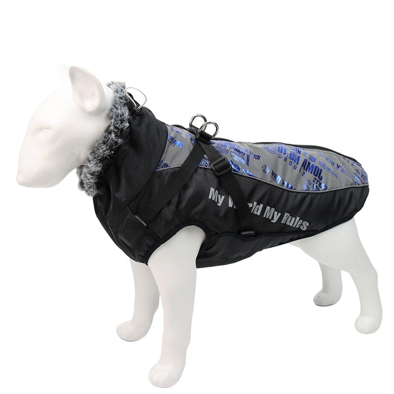 Waterproof Large Dog Clothes Winter Dog Coat With Harness Furry Collar Warm Pet Clothing Big Dog Jacket Labrador Bulldog Costume