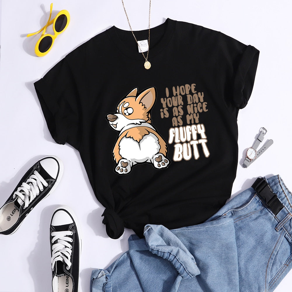 Fluffy Butt Kawaii Corgi Printed T Shirt Women'S Summer Cool Tshirts Breathable Casual Tee Clothing Street Creativity Crop Top