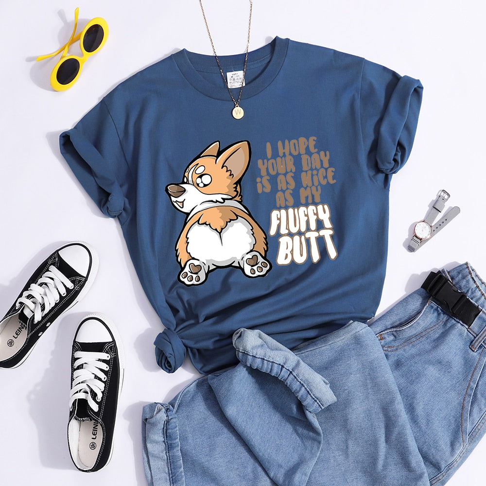 Fluffy Butt Kawaii Corgi Printed T Shirt Women'S Summer Cool Tshirts Breathable Casual Tee Clothing Street Creativity Crop Top