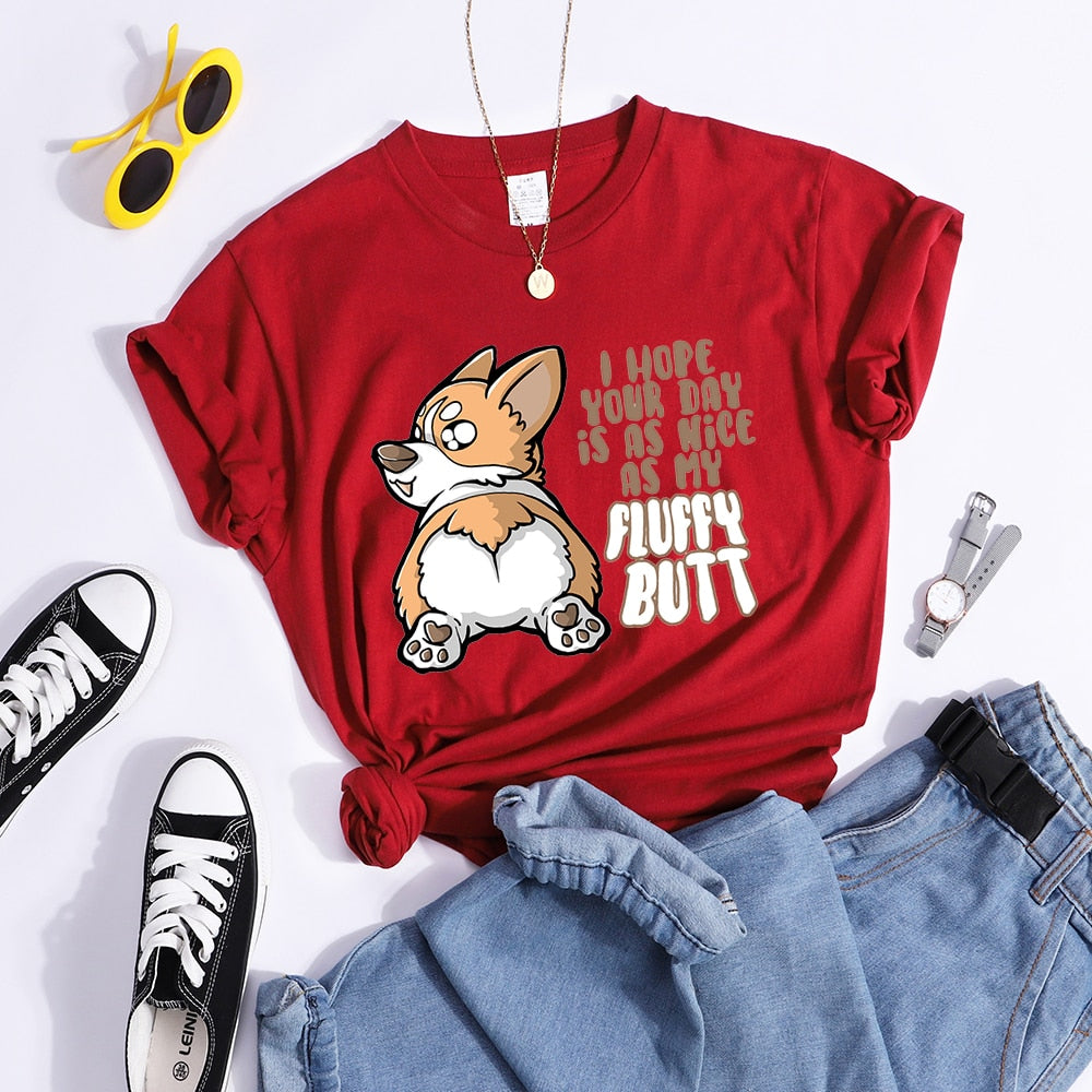 Fluffy Butt Kawaii Corgi Printed T Shirt Women'S Summer Cool Tshirts Breathable Casual Tee Clothing Street Creativity Crop Top