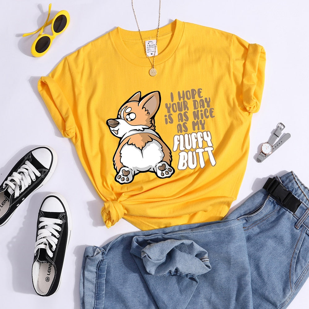 Fluffy Butt Kawaii Corgi Printed T Shirt Women'S Summer Cool Tshirts Breathable Casual Tee Clothing Street Creativity Crop Top